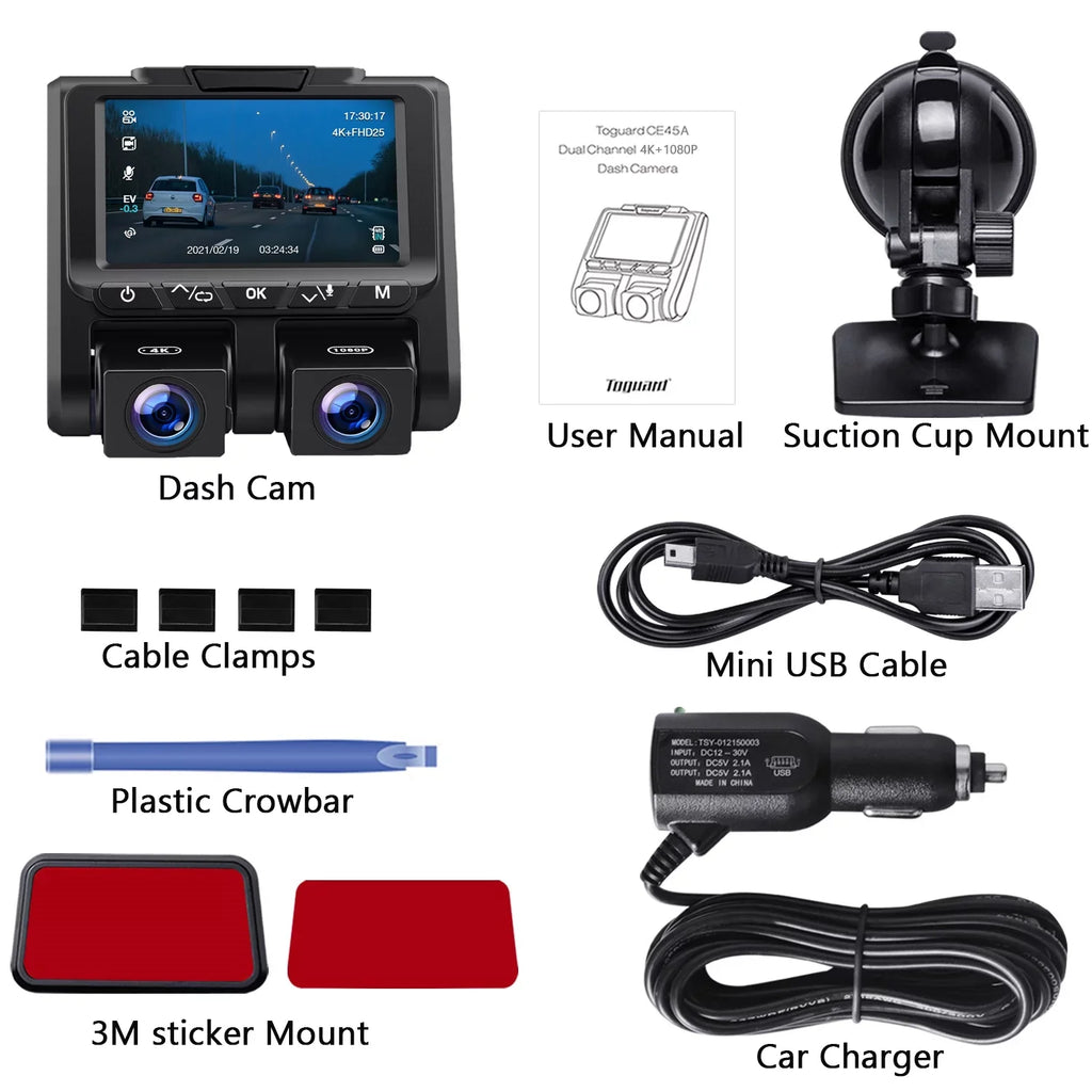 3" Dash Screen Loop G-Sensor and Dash Front Camera 4K Mode Cam Camera 4K+1080P Parking TOGUARD Recording LCD Car Inside