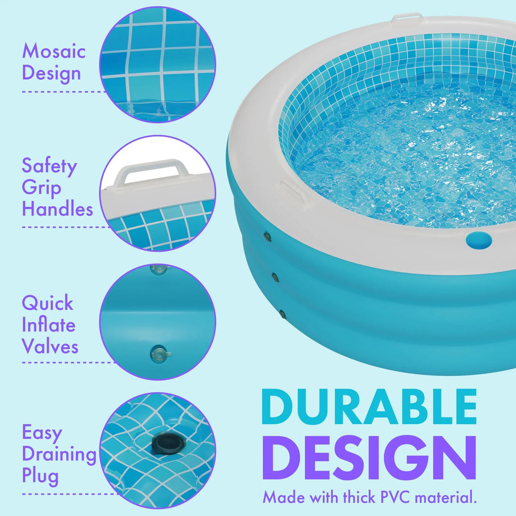 5 Grip Round 6 Bars Perfect Handle and Large Floor Swimming 60"x22" Ages Pool - 7 Drain with Kids Adults Kiddie Padded Blow Kid 4 Round 8+ Pool for and with Inflatable Up
