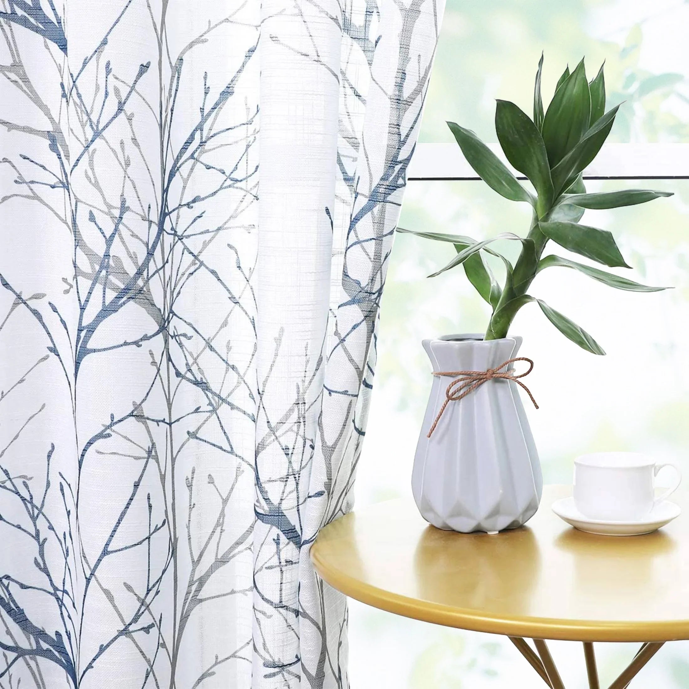Gray Set Linen Sheer Decoultimatex Textured Room White Tree Panels Sheer Window Semi Drapes Living for 52"x84"x2 Curtain Blue for Branches Print Bedroom, Curtain Grommet,