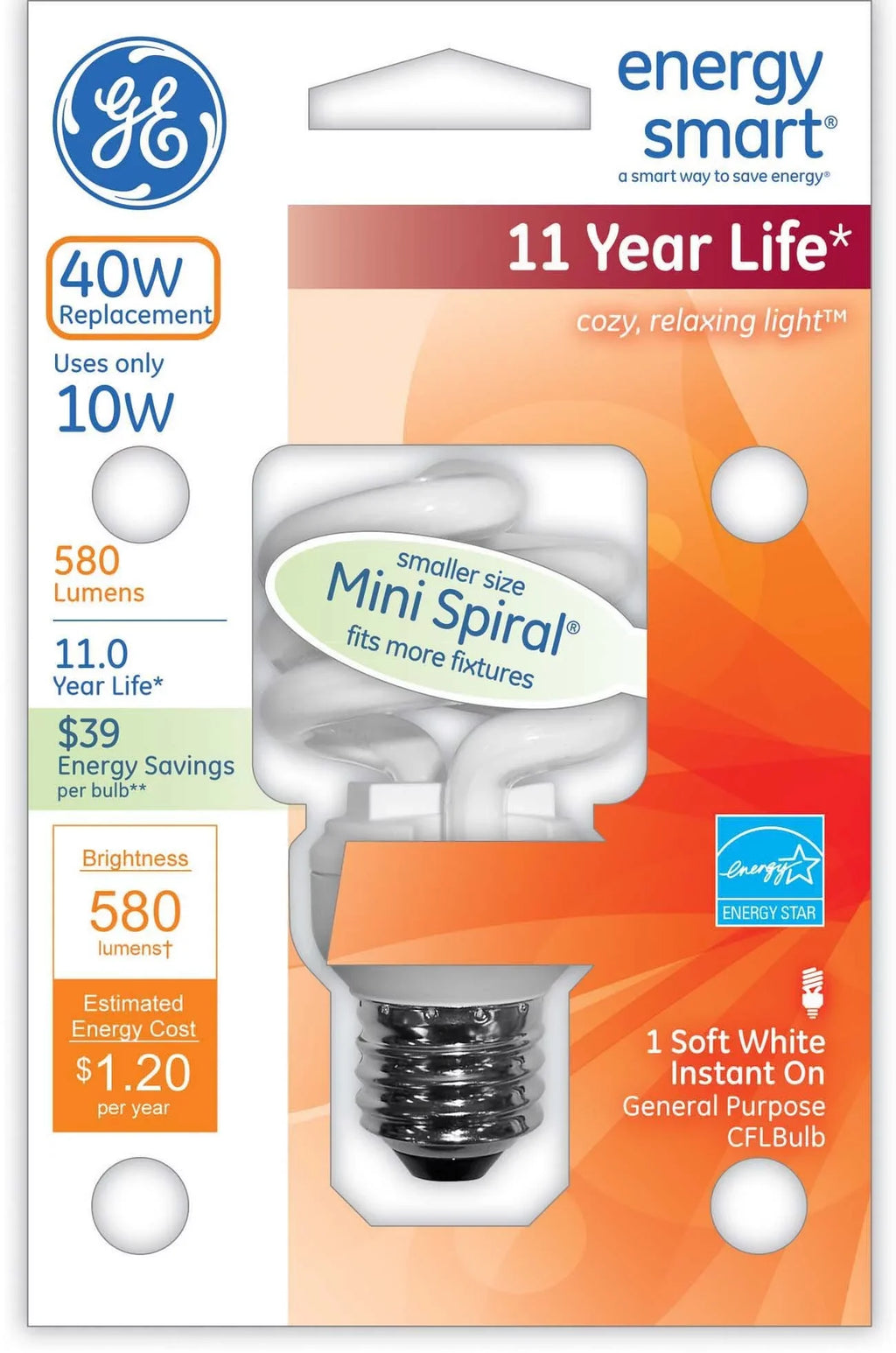 Bulb Base, GE replacement) 1-Pack Light Lighting Spiral 580-Lumen Smart with CFL (40-watt T2 Energy Spiral 10-Watt 85382 Medium