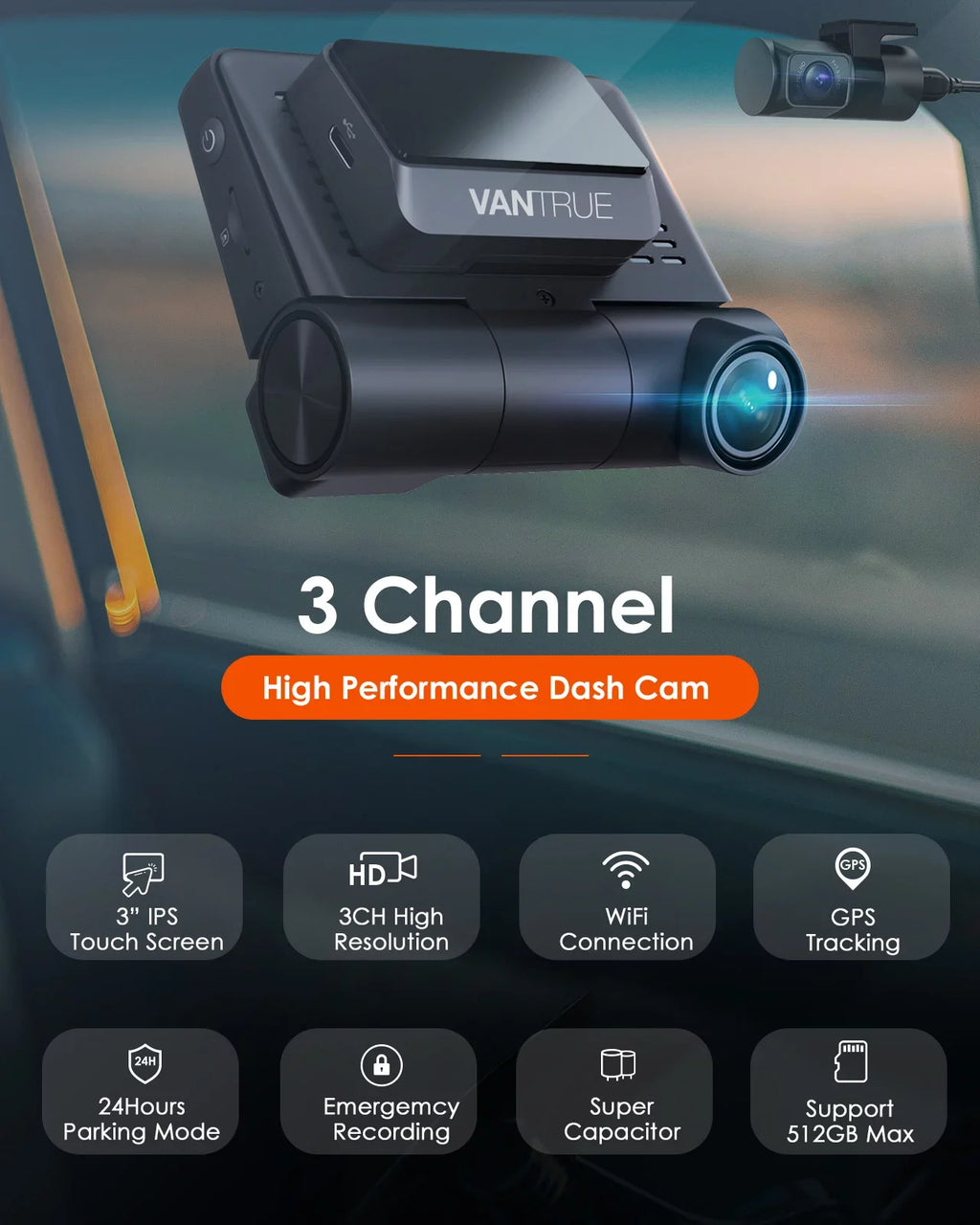 Supercapacitor Monitor, 30FPS 360° Wide S2 WiFi Dash 3 Vantrue Angle, +1080P 3 Screen IPS in, Parking built Car Camera with GPS Channel inch Touchable 2K Front+1080P Nearly Rear Cam, Interior 24h