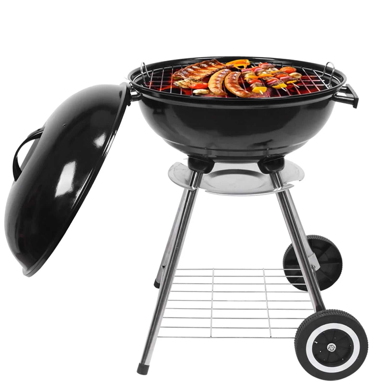 Grill on Wheels, Storage Grate Cooking Steel Outdoor w/ 18 Charcoal Grill with Grill Area, inch Camping BBQ