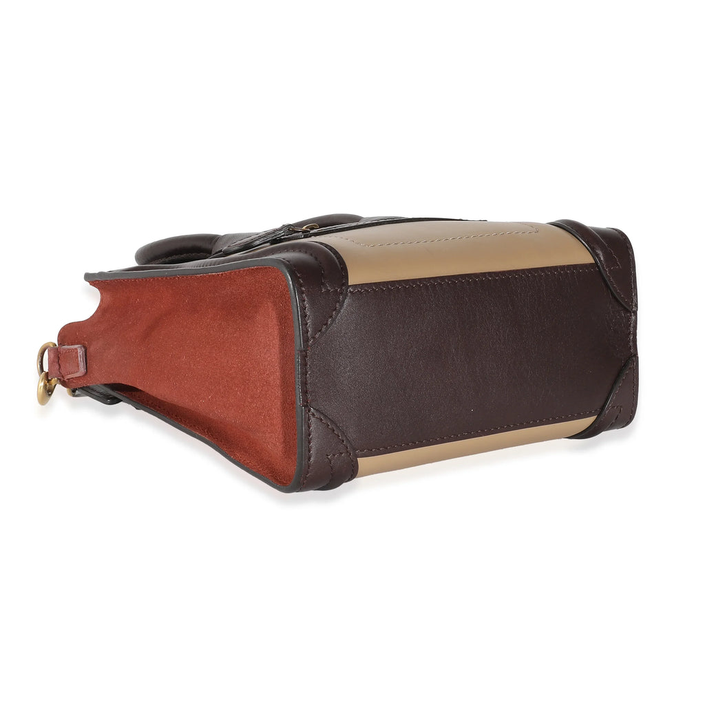 Nano Luggage Beige Burgundy Pre-Owned Suede Tri-Colour Celine Leather Brown