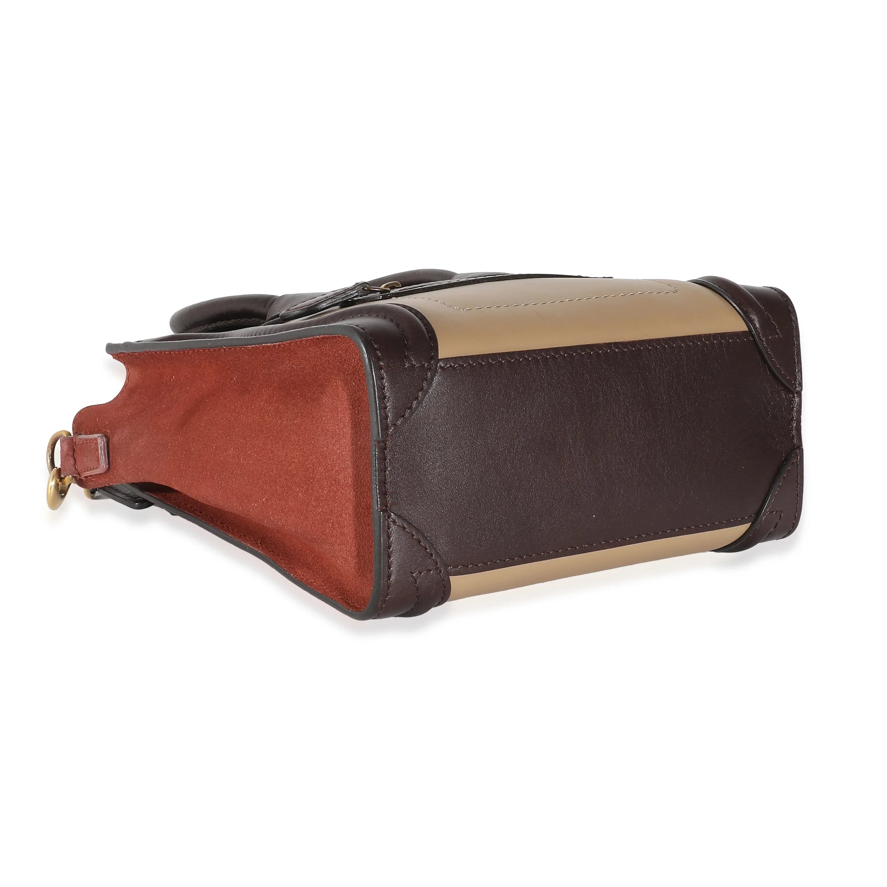 Nano Luggage Beige Burgundy Pre-Owned Suede Tri-Colour Celine Leather Brown