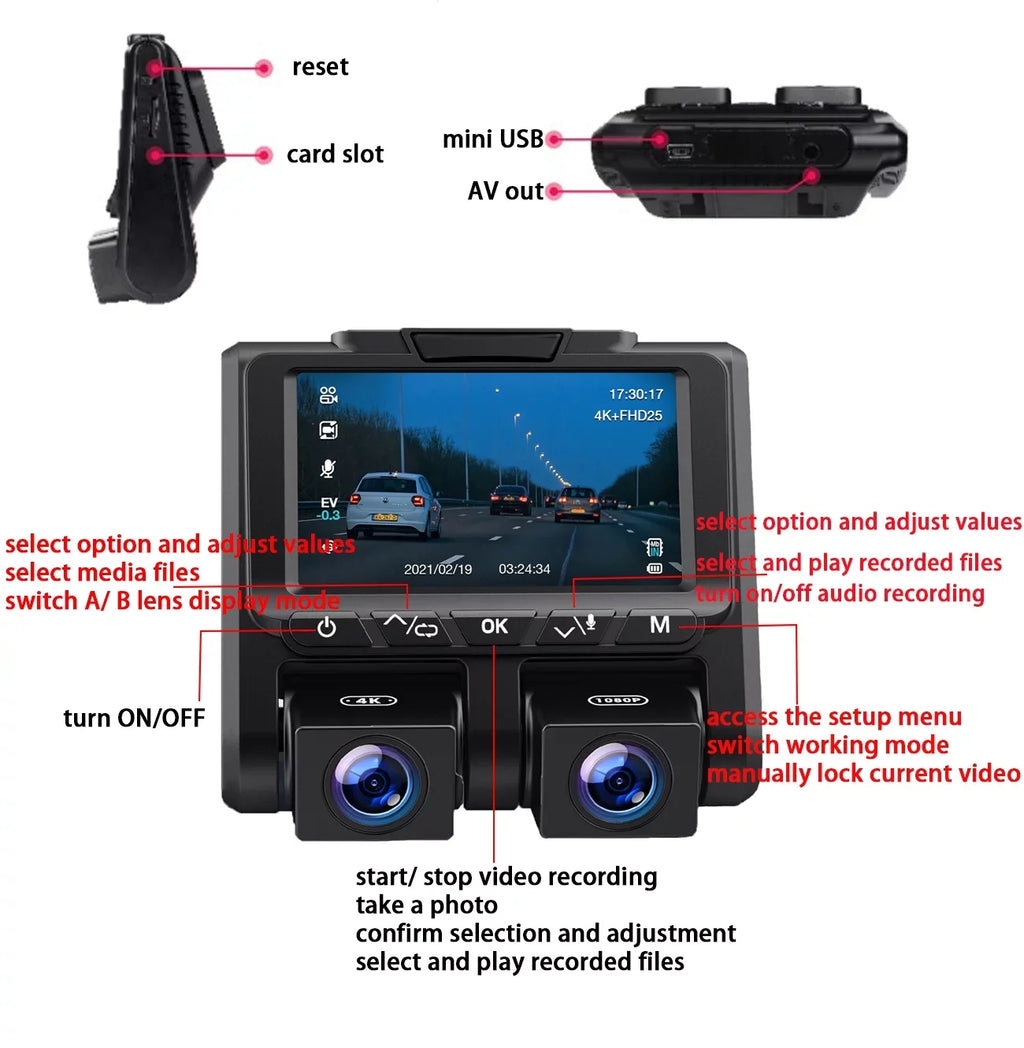 3" Dash Screen Loop G-Sensor and Dash Front Camera 4K Mode Cam Camera 4K+1080P Parking TOGUARD Recording LCD Car Inside