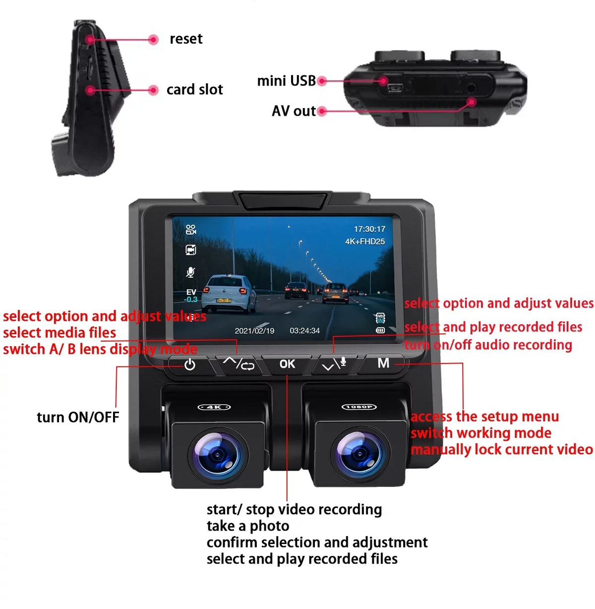 3" Dash Screen Loop G-Sensor and Dash Front Camera 4K Mode Cam Camera 4K+1080P Parking TOGUARD Recording LCD Car Inside