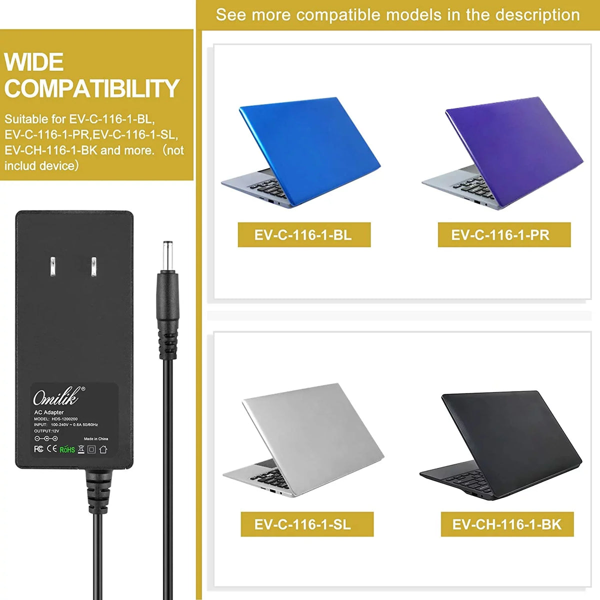 Wall Thin Laptop Power Adapter EV-CH-116-1-BK EV-C-116-1 Ultra Cord 12V for AC EVOO Charger 11.6"