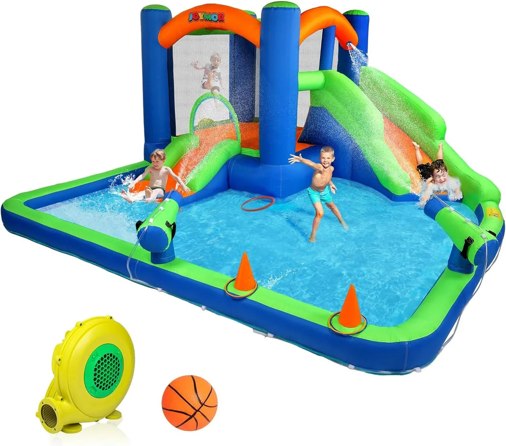 Bounce New) Air House (2024 House Hoop, w/Basketball Ring-Toss Blower Slide Water Water Inflatable for 3-6, Kid Bounce JOYMOR Inflatable Water Cannon, Inflatable Water w/Slides, Game, Slide