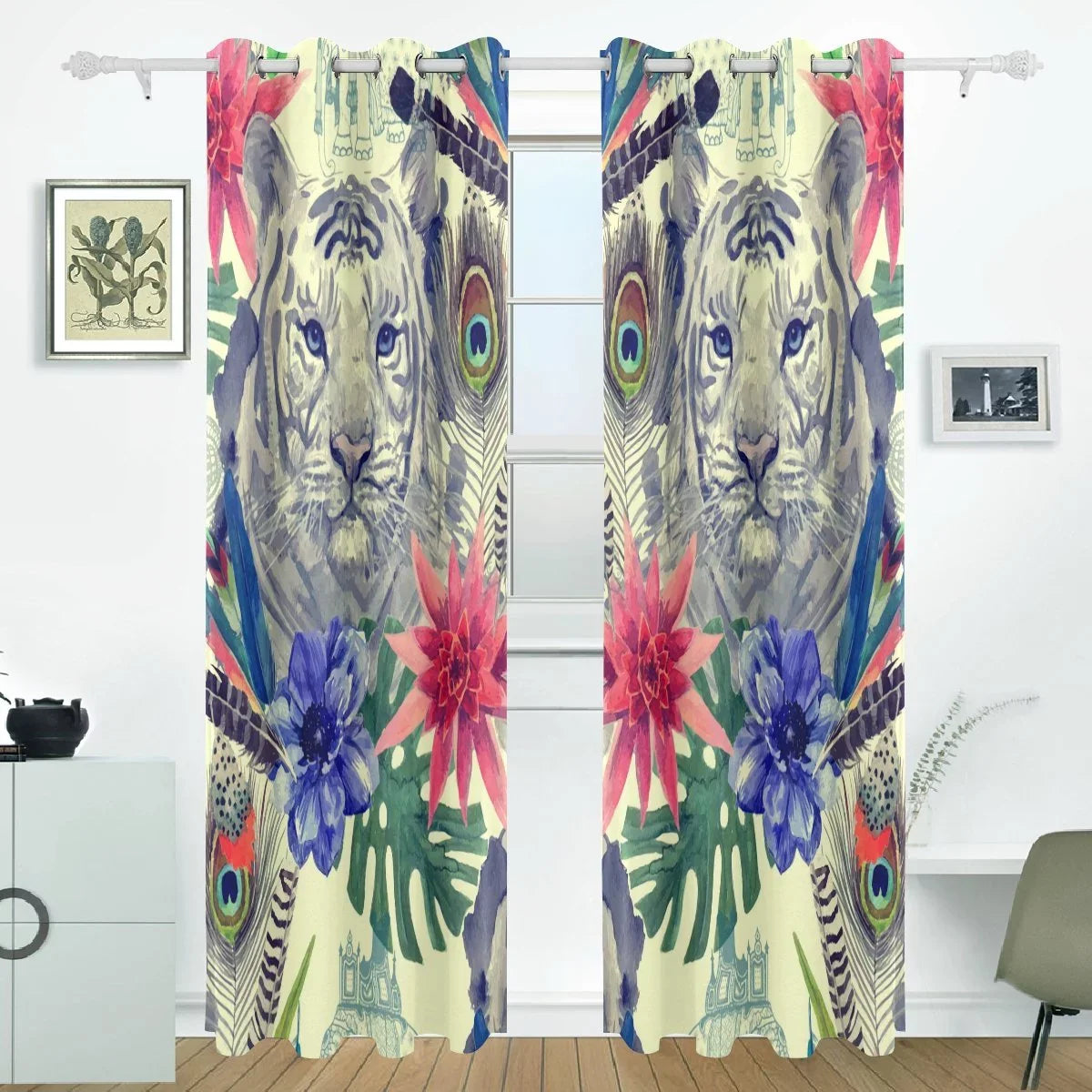Head Living Curtains Pattern (52Wx84L With Bedroom Room,2 Indian Vintage Panel Feather for Thermal Style Darkening Tiger POPCreation Window Blackout Curtain Inches) Blind Curtain