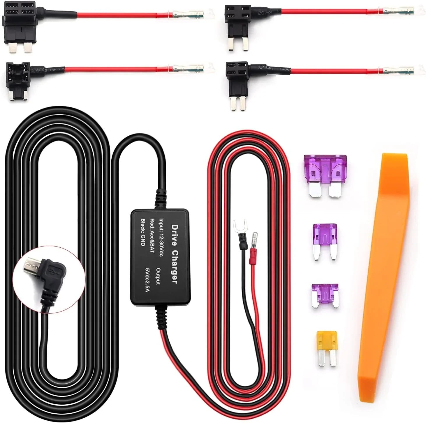 Dashcam,Car USB Kit,12ft Cam Hardwiring Charger Fuse for 12V-24V ro Hardwire Camera Kit to 5V Charger Dash
