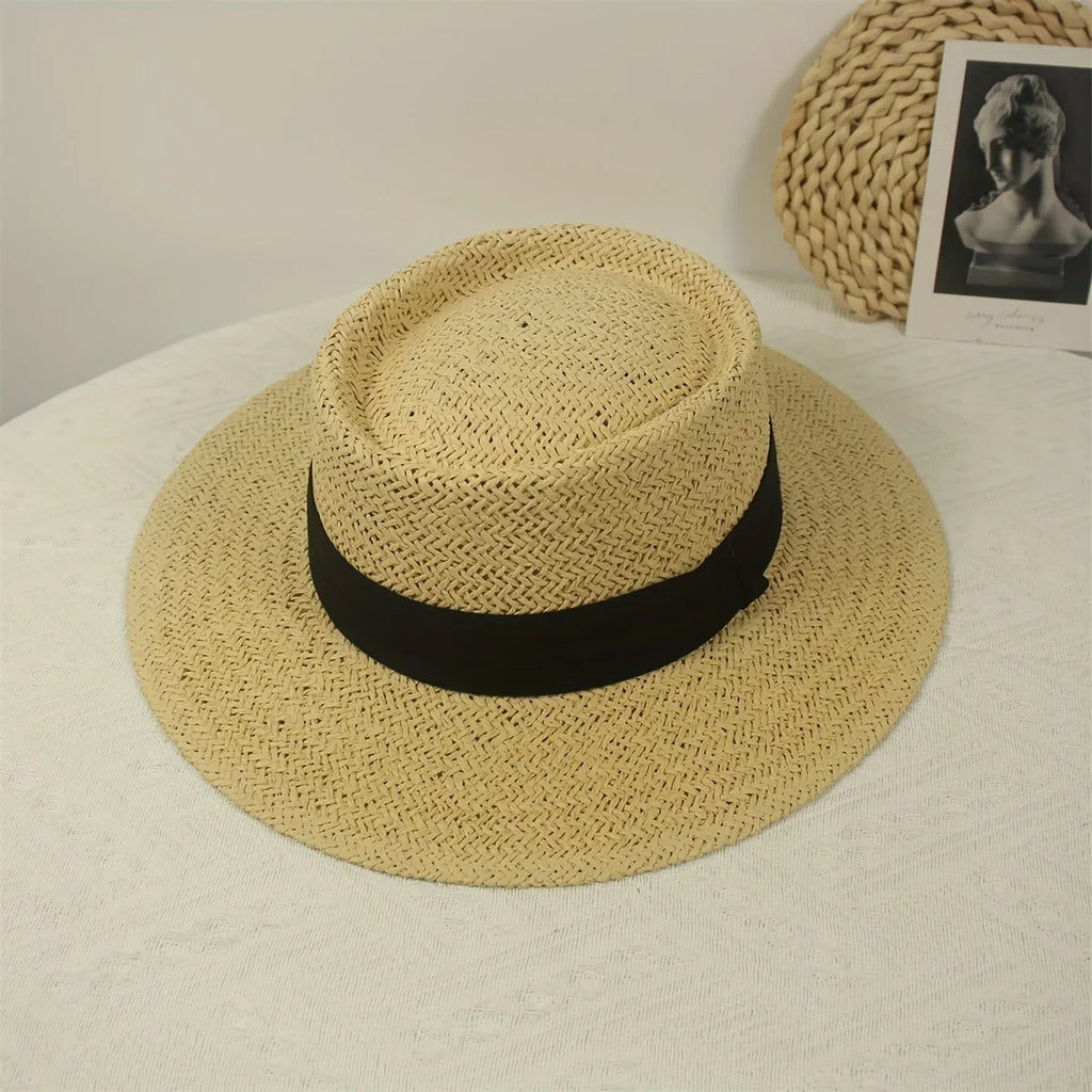 Jkzcp Vintage Top Sun Wide Braided Hat Sun Flat Protection Vacation Hat Beach 1pc Handmade Brim Straw
