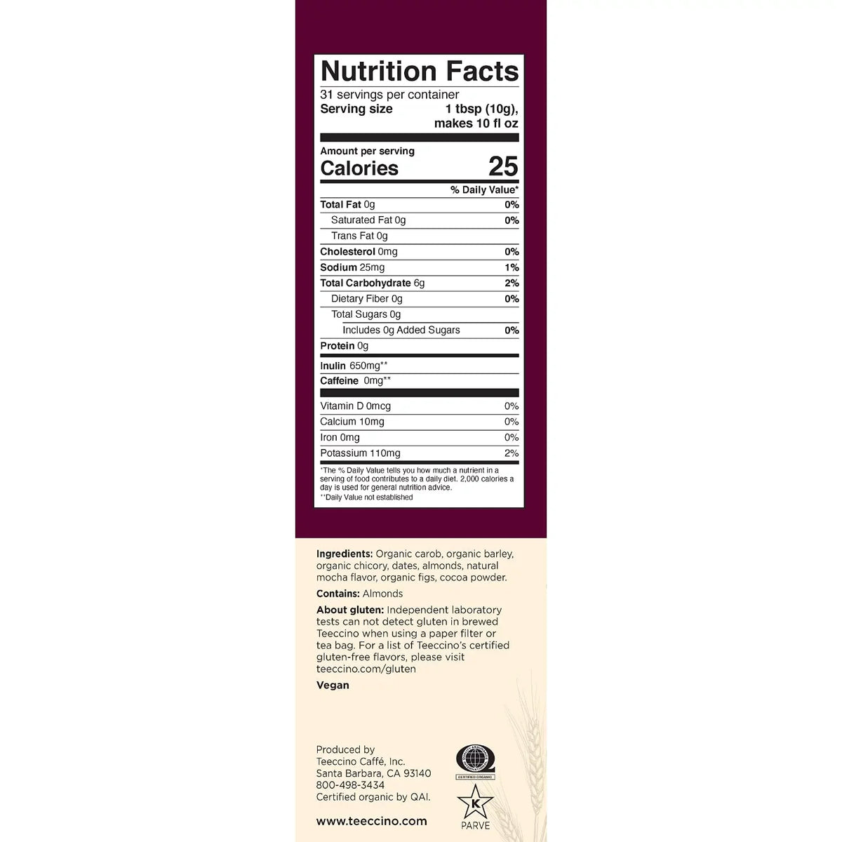 Coffee (Pack Medium Ground, ounce Teeccino Mocha 11 6) Roast of Herbal Chicory
