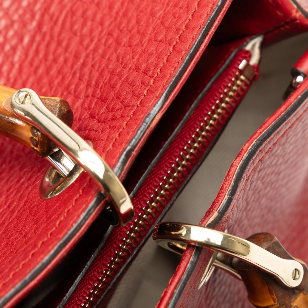 Leather Gucci Calf Authenticated Satchel Shopper Pre-Owned (Good) Unisex Red Medium Bamboo