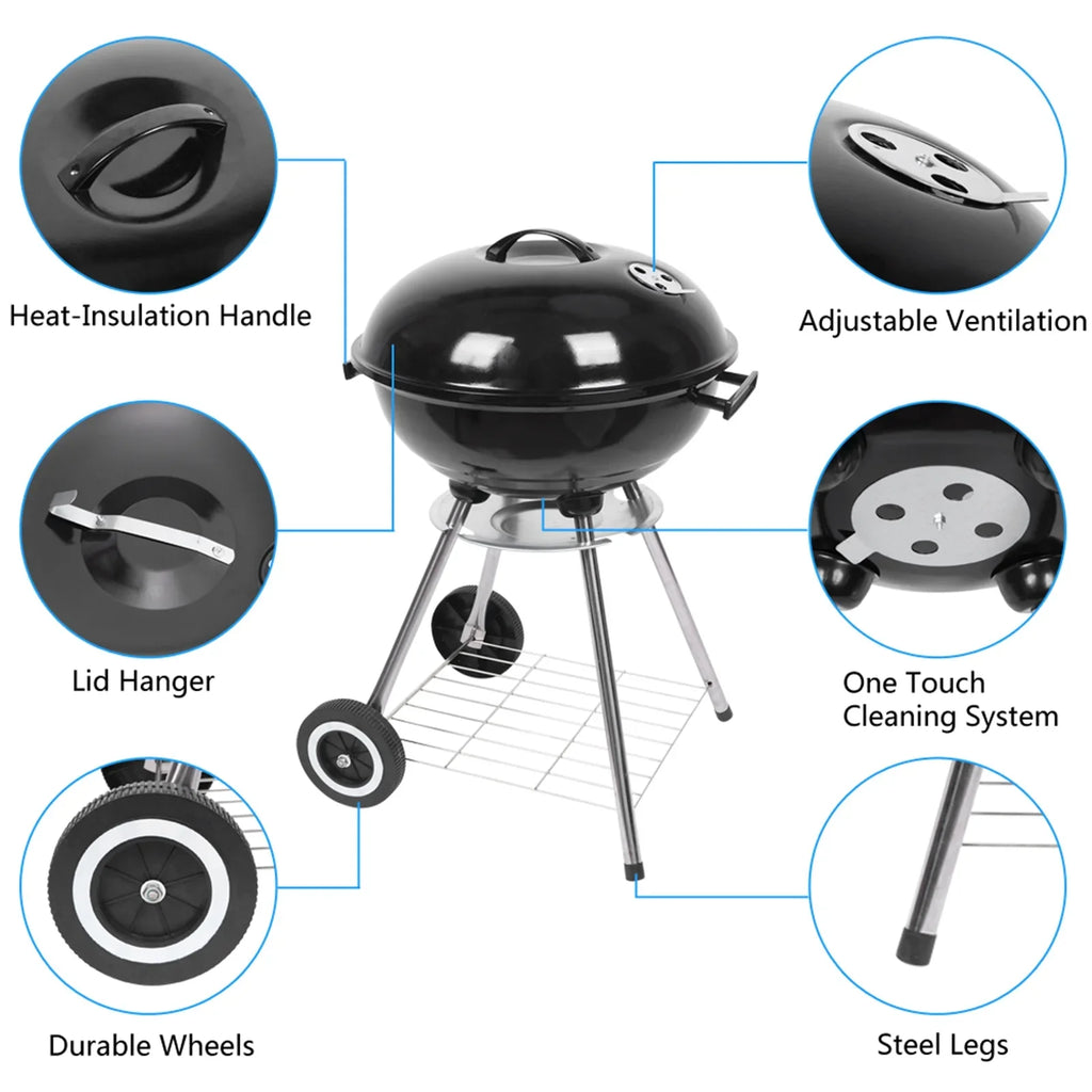 Grill on Wheels, Storage Grate Cooking Steel Outdoor w/ 18 Charcoal Grill with Grill Area, inch Camping BBQ