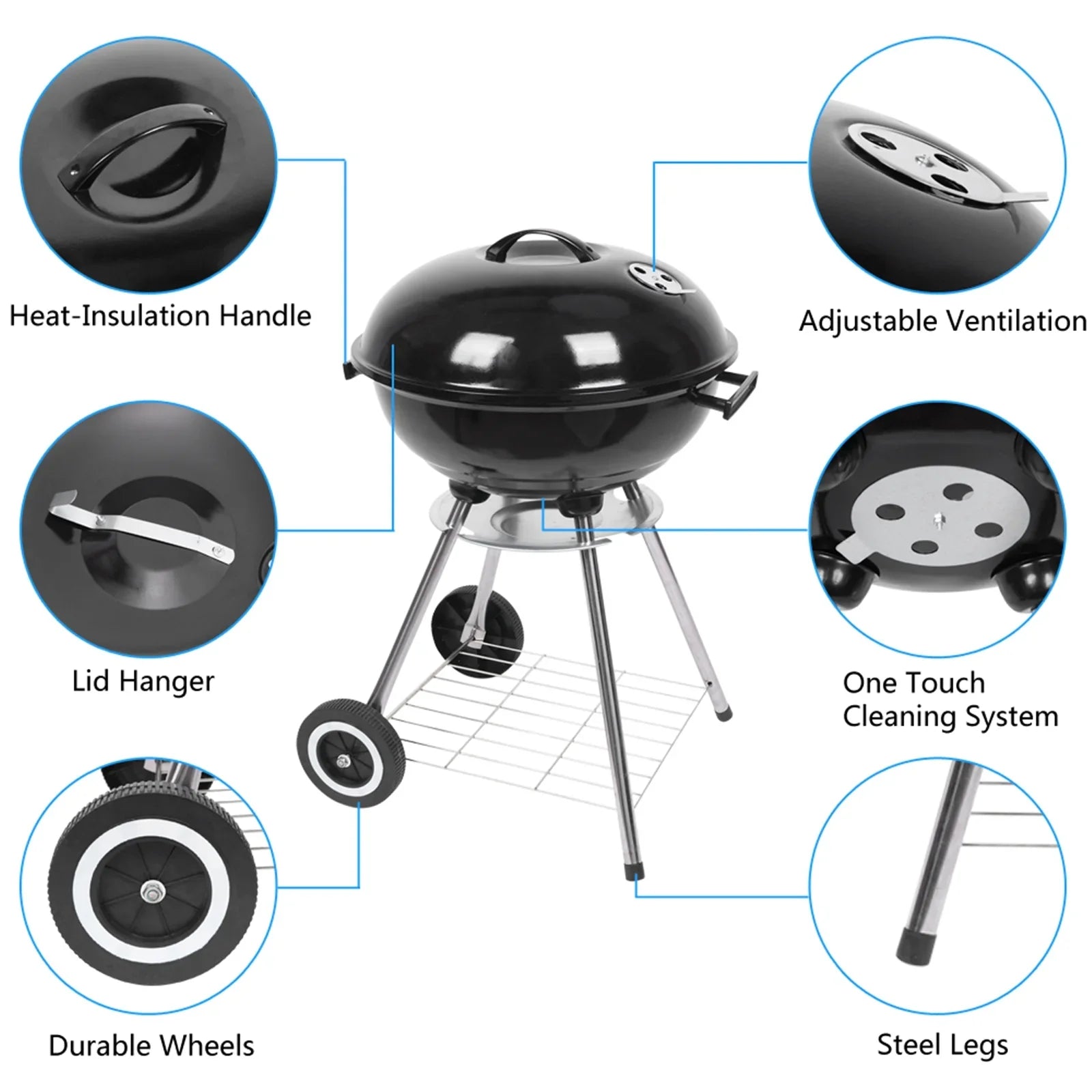 Grill on Wheels, Storage Grate Cooking Steel Outdoor w/ 18 Charcoal Grill with Grill Area, inch Camping BBQ