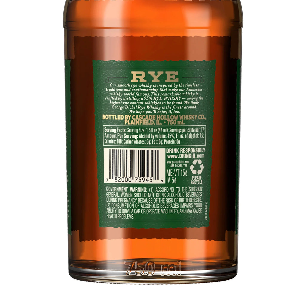 Dickel Rye 750 Whisky, ABV George mL, 45%