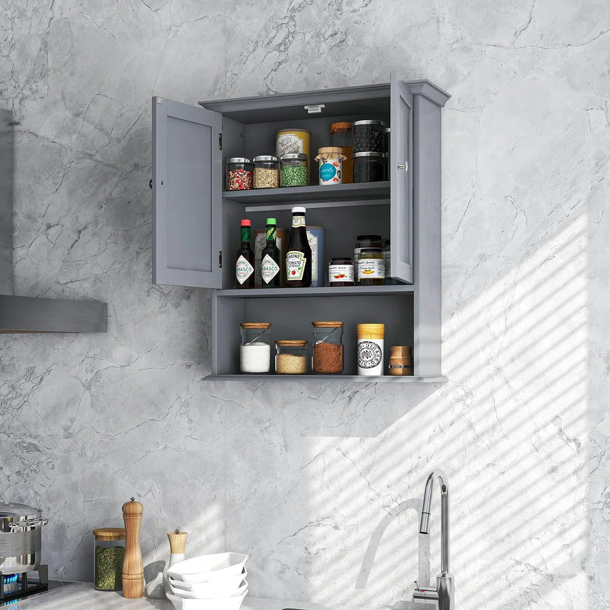 Wall Kitchen with Hanging Cabinet, Room, Cabinet Wall Cabinet Shelves, Bathroom Bathroom & Multipurpose Doors Cabinet, Wooden Medicine Bathroom Storage Living Mounted Grey Storage for