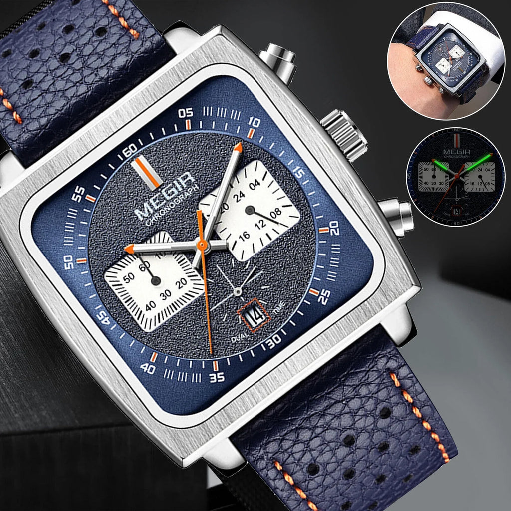 Wrist Leather Quartz Waterproof MEGIR Men Watch Square Calendar Luminous Fashion