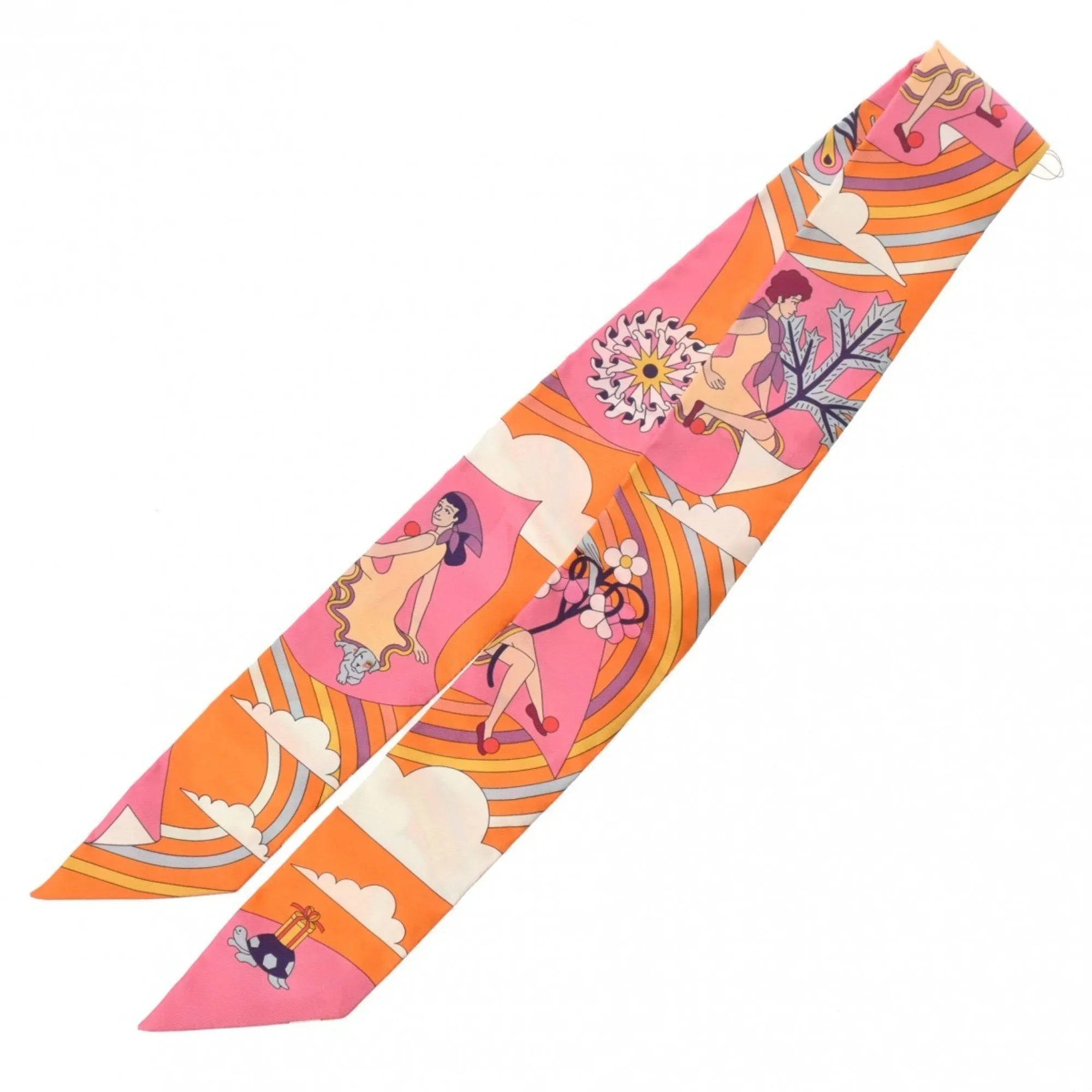 Muffler Volants Twilly (Like Carres HERMES - 100% Scarf Silk Pre-Owned Women's New) Orange/Rose/Mauve