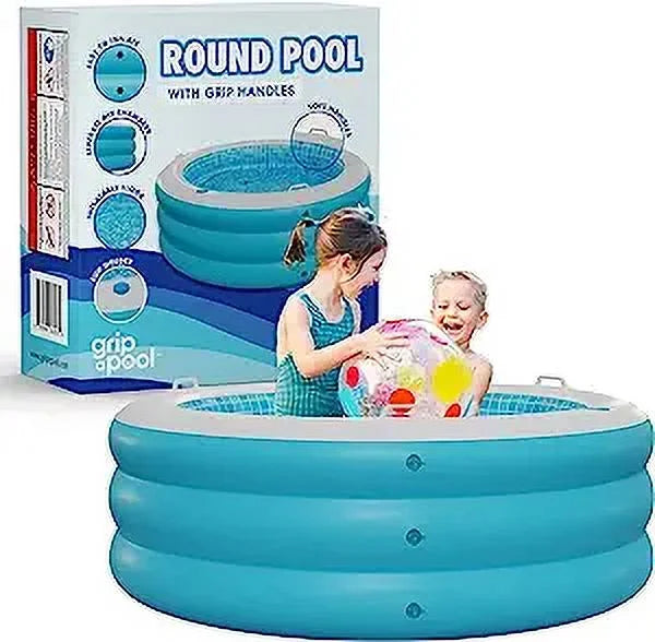 5 Grip Round 6 Bars Perfect Handle and Large Floor Swimming 60"x22" Ages Pool - 7 Drain with Kids Adults Kiddie Padded Blow Kid 4 Round 8+ Pool for and with Inflatable Up