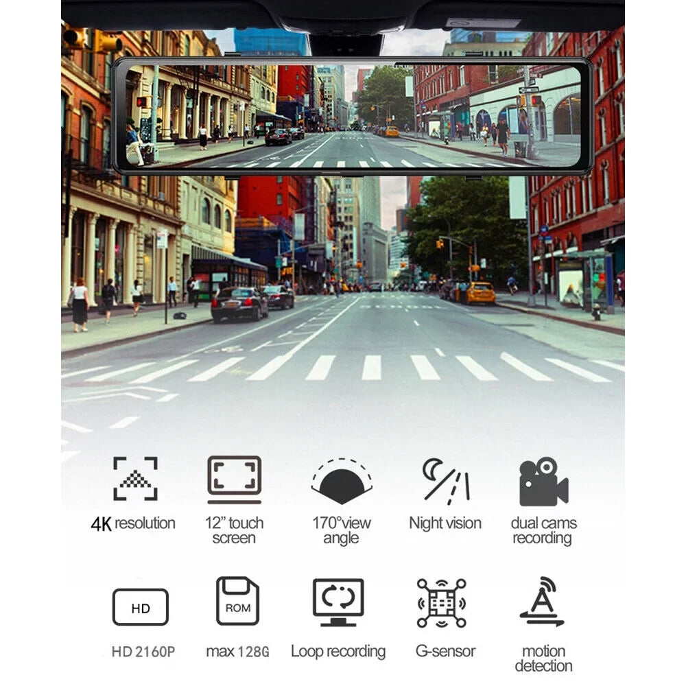 Cam 4K Paddsun View Control Backup WiFi Mirror Rear Dash Voice GPS Car 12" Dual Camera