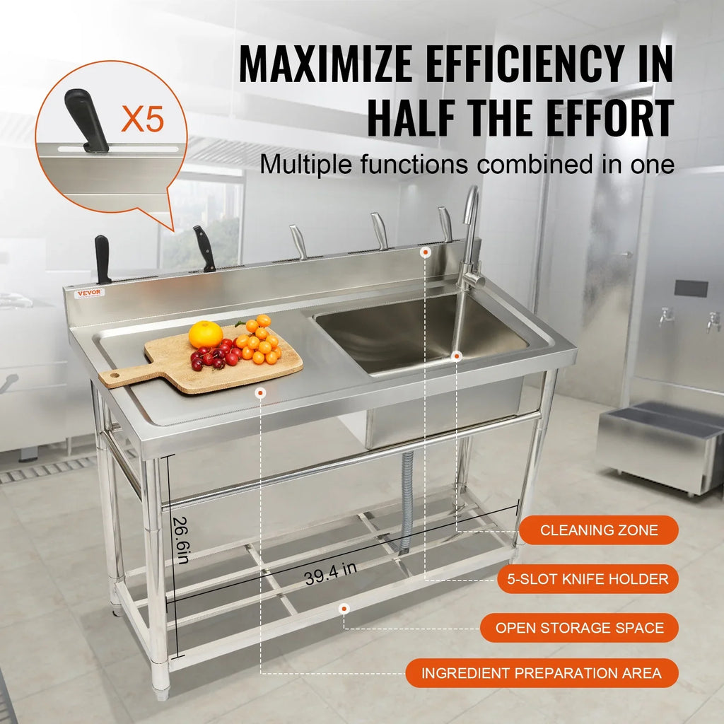 Sink 19.1 39.4 & in Utility Prep Commercial 37.4 Single w/Workbench BENTISM Bowl x x