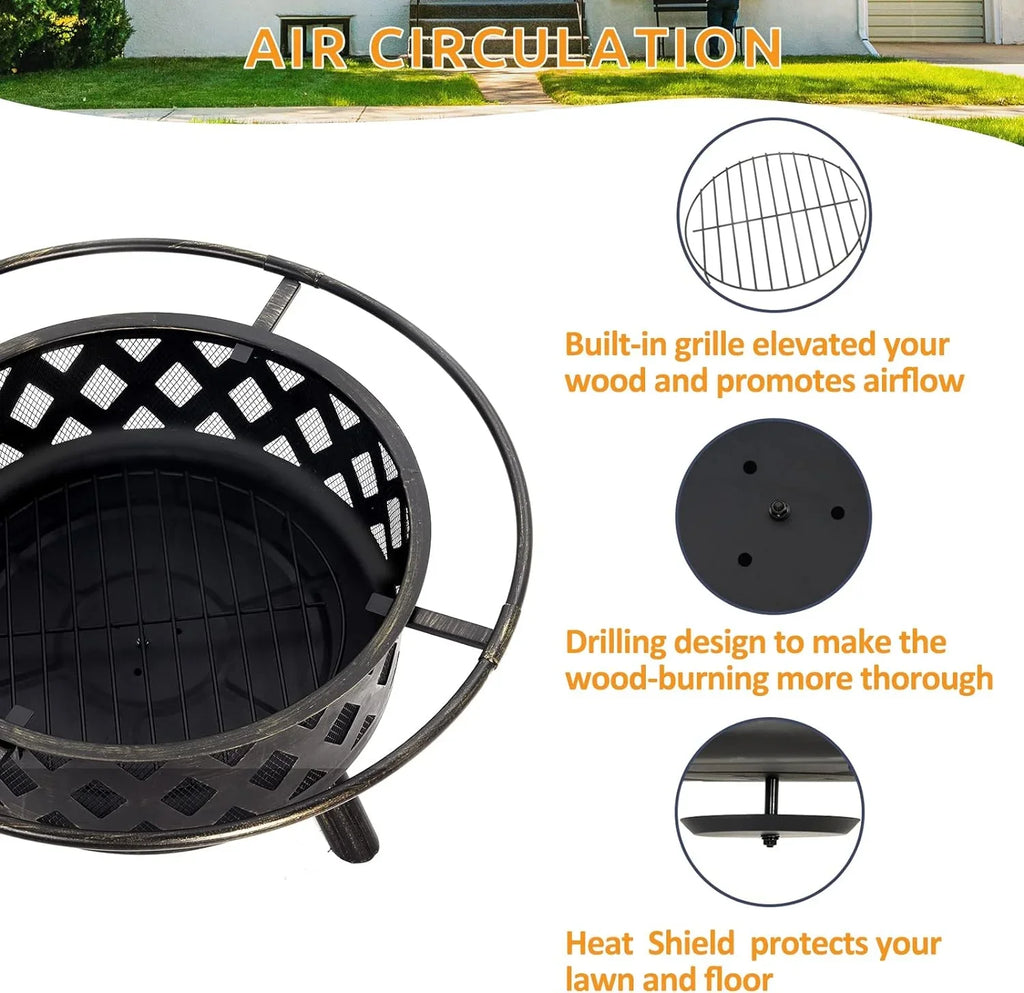 Garden, Pits, Inch Bonfire, Poker Camping, Large ECOPATIO with Grill Pit for Grate, Cooking Outside, Wood Picnic Firepit Screen & Patio Burning for 30 Spark Backyard Steel Fire BBQ Outdoor Fire