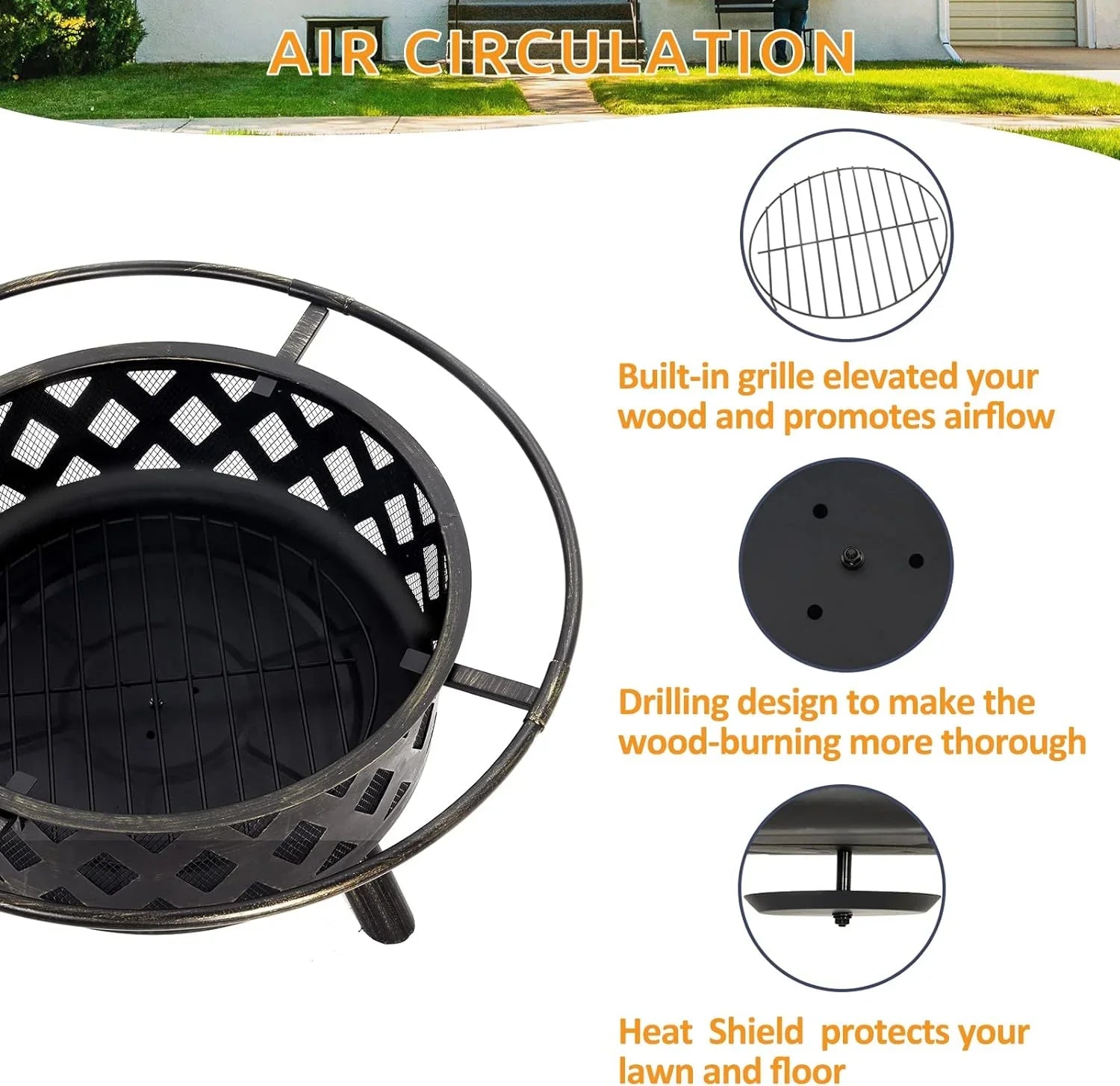 Garden, Pits, Inch Bonfire, Poker Camping, Large ECOPATIO with Grill Pit for Grate, Cooking Outside, Wood Picnic Firepit Screen & Patio Burning for 30 Spark Backyard Steel Fire BBQ Outdoor Fire