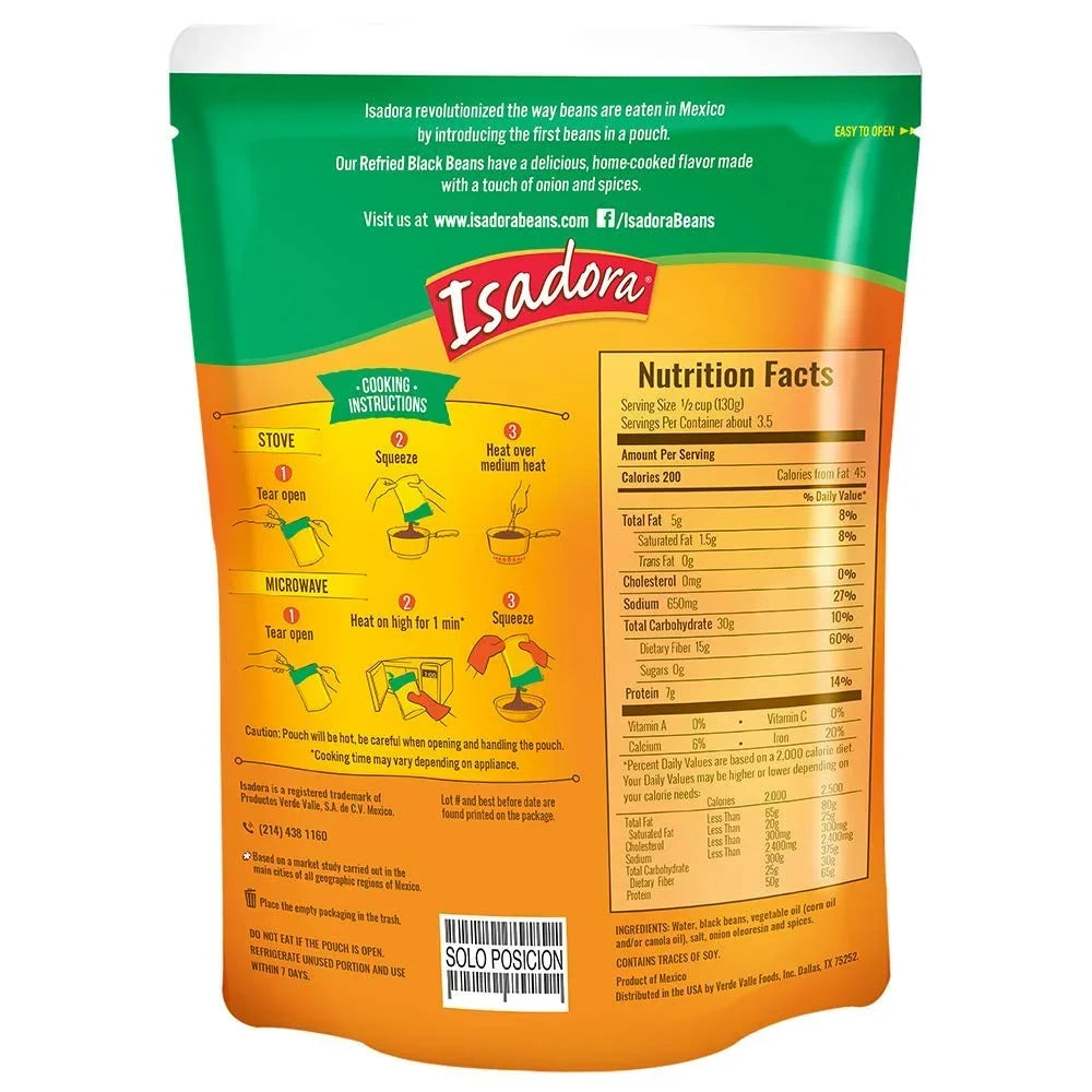 Pouch (Black Pack) Beans, 6 Isadora Refried 15.2oz Beans
