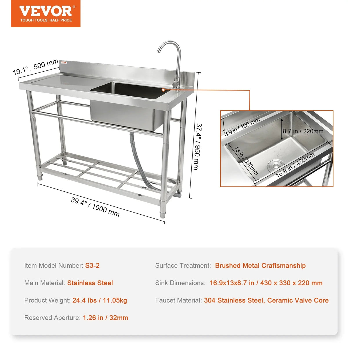Sink 19.1 39.4 & in Utility Prep Commercial 37.4 Single w/Workbench BENTISM Bowl x x