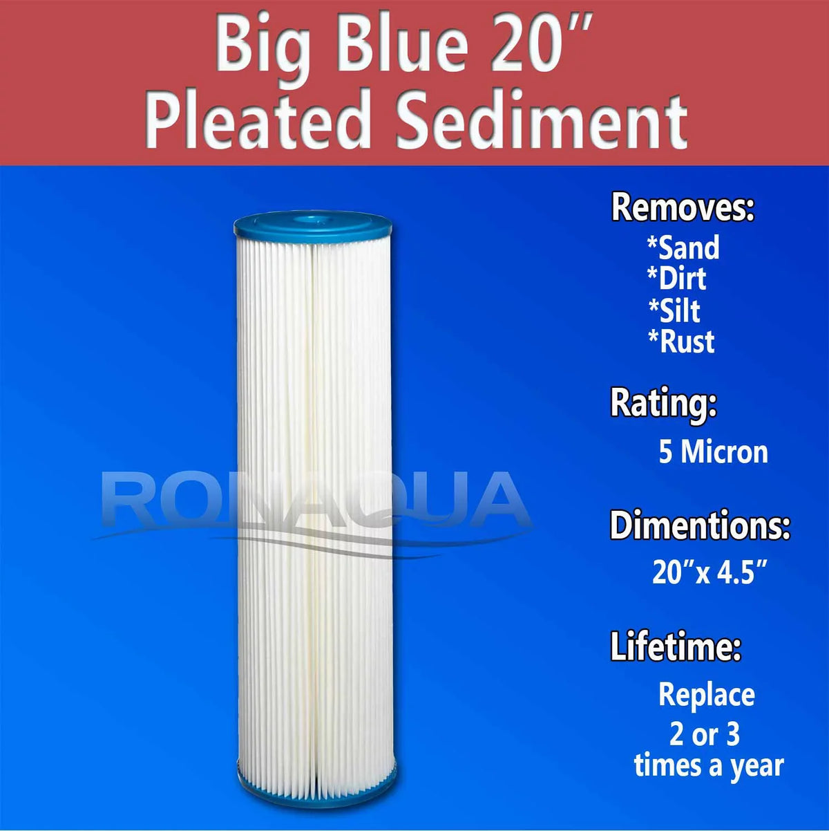 Big Big Micron 5 Silt, Blue by Amplified Life for Sediment 20" Blue (Set & Extended Removes Filter Washable Ronaqua Reusable Rust, Area, Surface of 6) Sand, Filter Pleated Dirt, Housing,