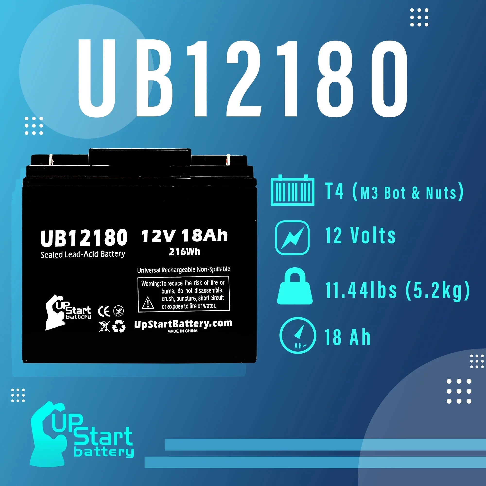 '- 14600003401 SLA) Replacement T4 UB12180 DATASCOPE AGM, Sealed Battery (12V, Universal 18000mAh, Acid 18Ah, Battery Lead Compatible - 3x Pack Terminal,