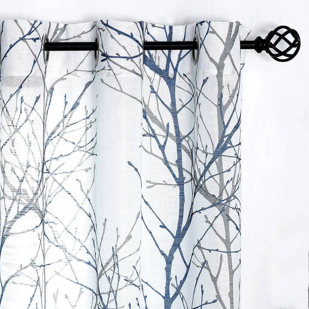 Gray Set Linen Sheer Decoultimatex Textured Room White Tree Panels Sheer Window Semi Drapes Living for 52"x84"x2 Curtain Blue for Branches Print Bedroom, Curtain Grommet,