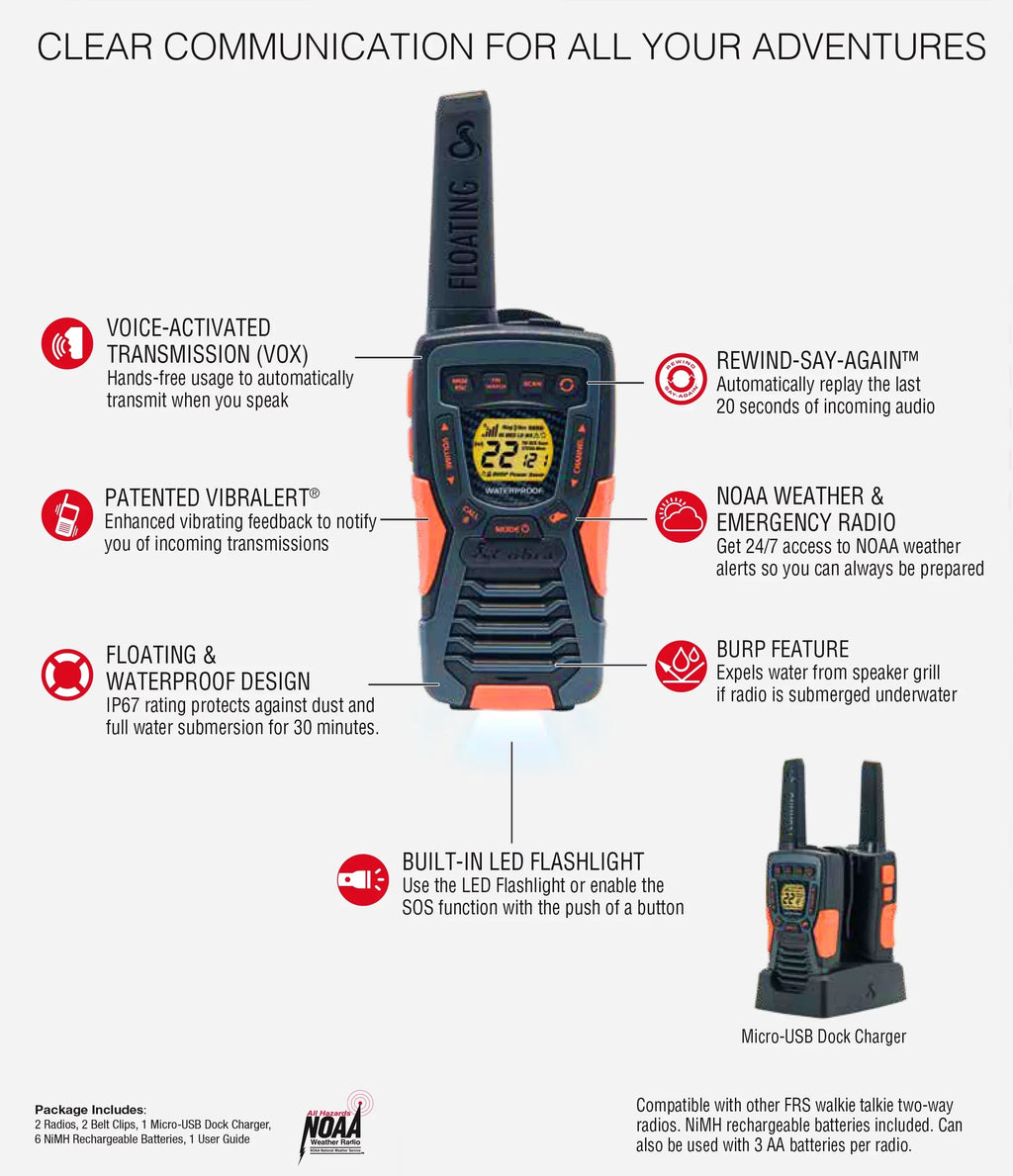 37-mile ACXT1037R-FLT Walkie (2-Pack) Cobra Floating, Talkies Two-Way Radios Rechargeable - Range