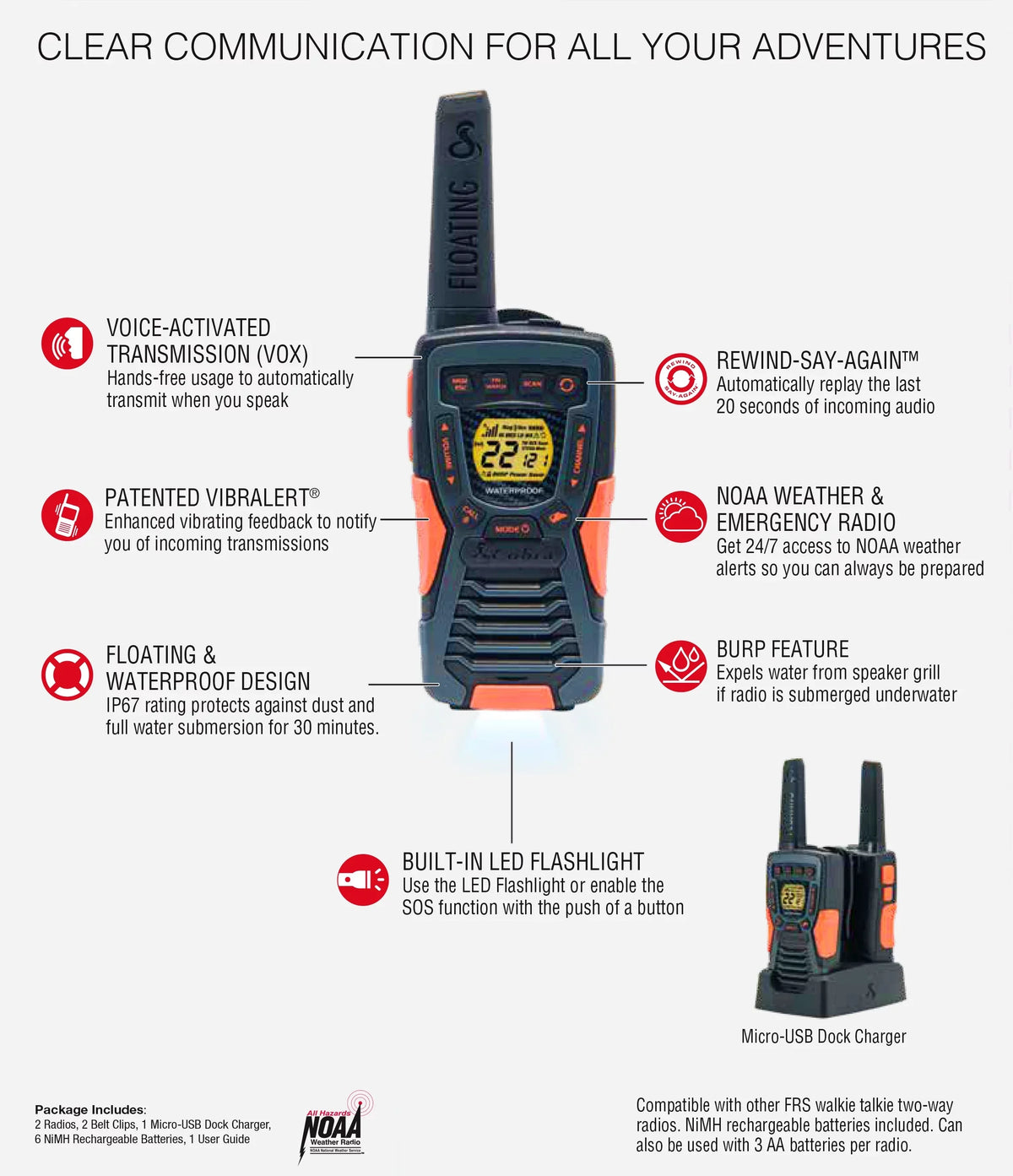 37-mile ACXT1037R-FLT Walkie (2-Pack) Cobra Floating, Talkies Two-Way Radios Rechargeable - Range