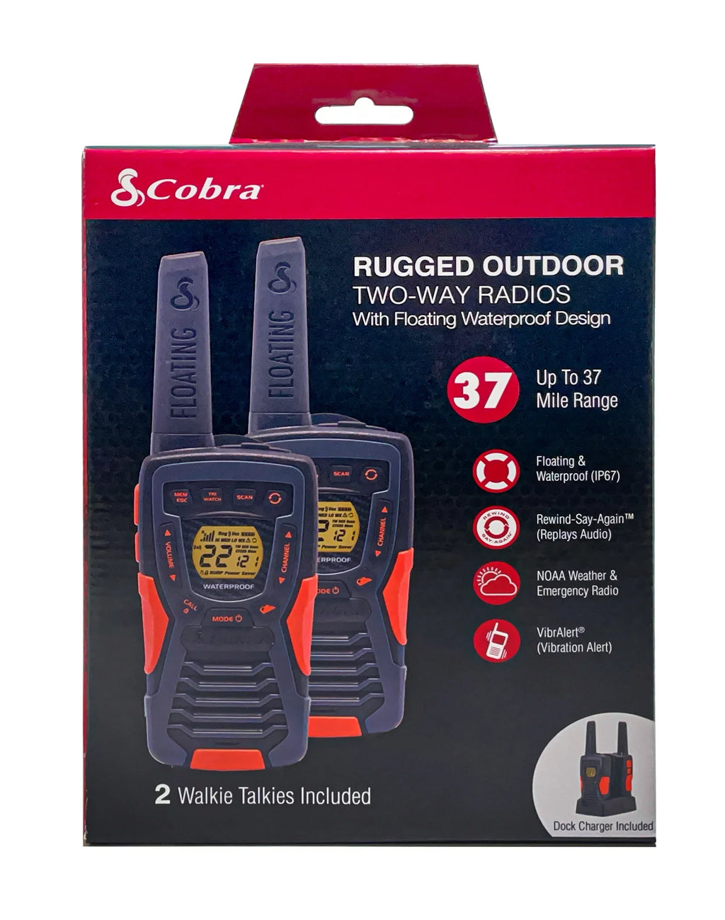 37-mile ACXT1037R-FLT Walkie (2-Pack) Cobra Floating, Talkies Two-Way Radios Rechargeable - Range