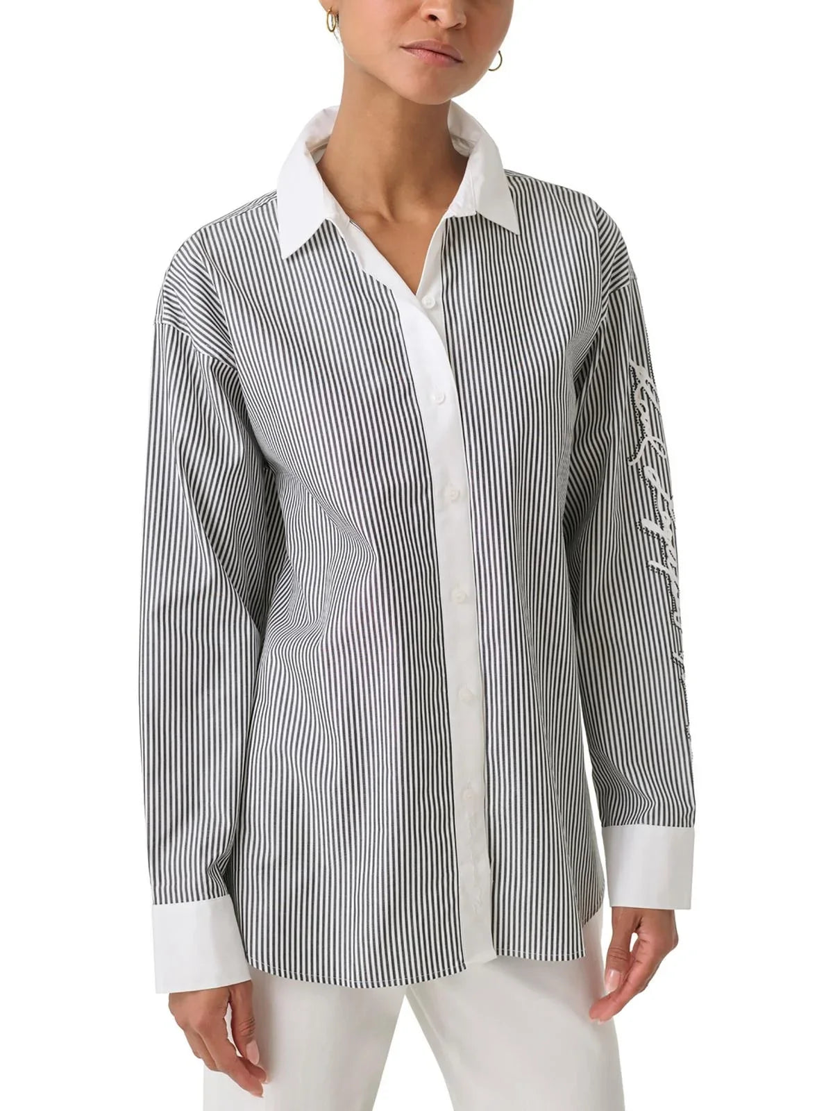 Paris Lagerfeld Womens Cotton Striped Top Karl Button-Down