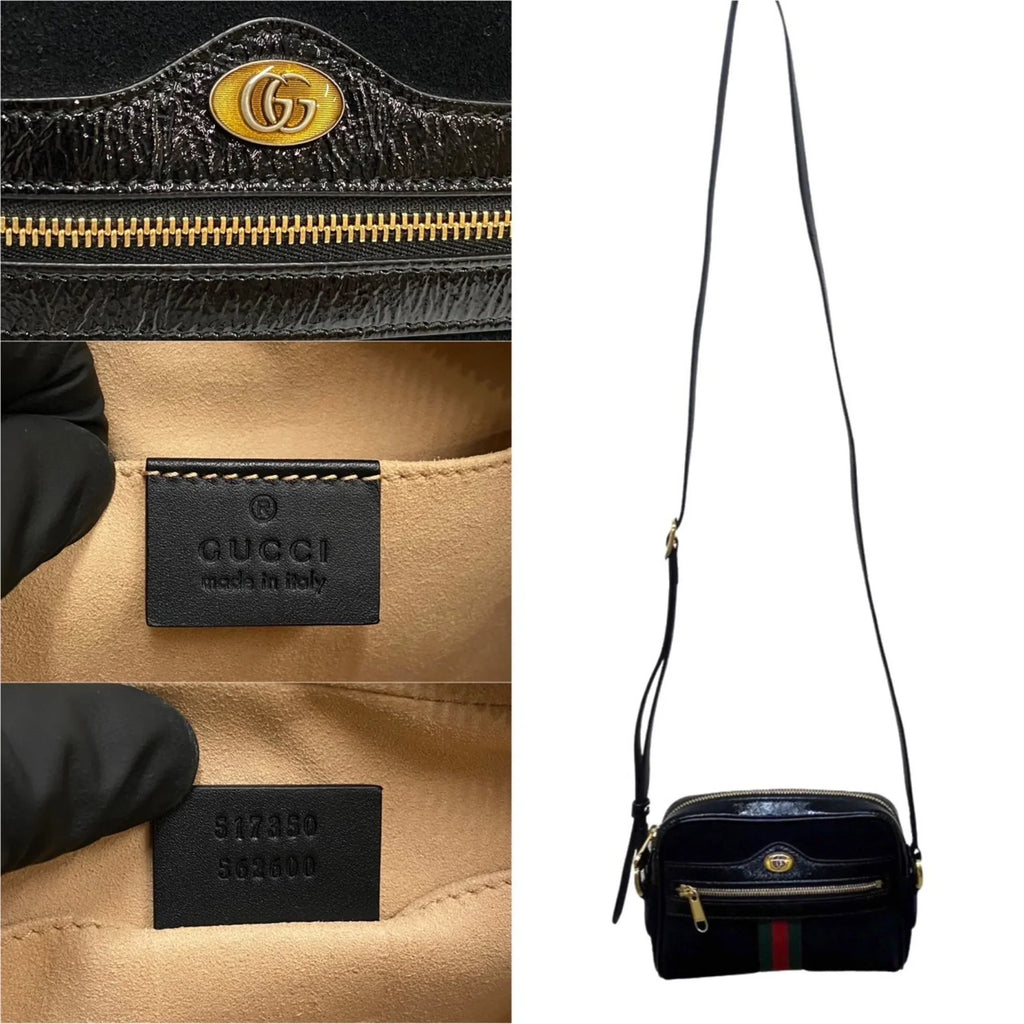 Leather Line Enamel Genuine Black Pre-Owned Shoulder Mini (Good) GUCCI Suede Gucci Sherry Ophidia Bag Hardware GG