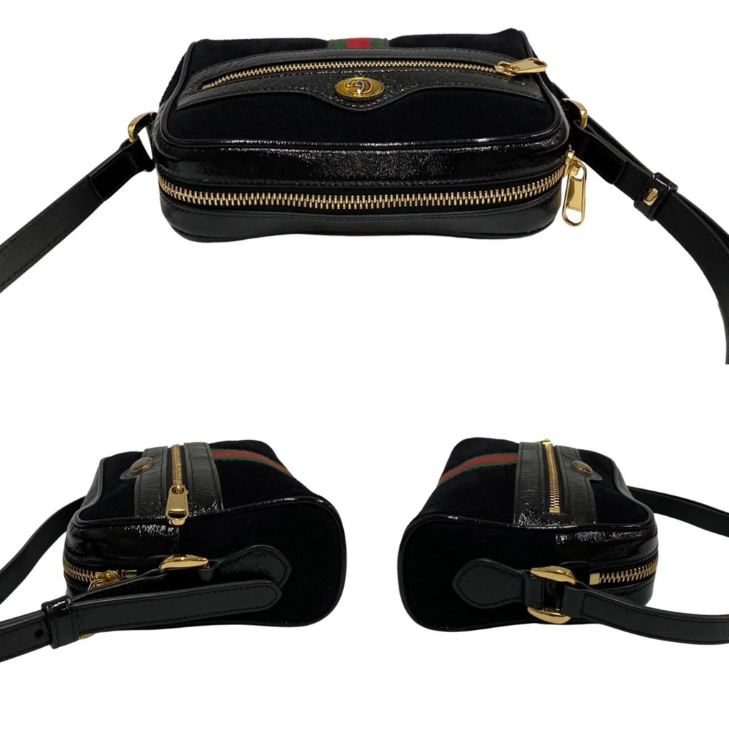 Leather Line Enamel Genuine Black Pre-Owned Shoulder Mini (Good) GUCCI Suede Gucci Sherry Ophidia Bag Hardware GG
