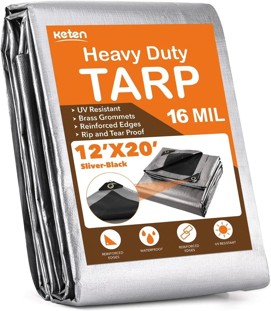 X 12? Duty Thick Extra with Grommets Outdoor 100% & Resistant, Pool, 20?, Heavy 16 Mil, Tear Patio, Reinforced Tarp UV Roof, Tarps Camping, Waterproof Fade Boat(Silver/Black) Blocking, for