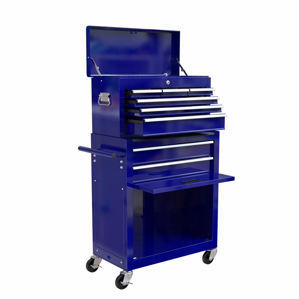 & 2-IN-1 On Hidden Blue Lockable Tool Wheels Cabinet Large Chest Sliding Tool with 8 Tool Drawers, Tool Double Box Organizer Rolling Box, with Drawers, Chest Drawers, Capacity with