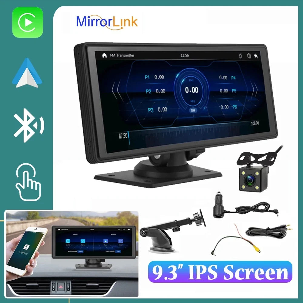 Bluetooth Inch Carplay&Android Auto with Camera TF Car Screen with Unit Stereo Wireless 9.3 Stereo,Newest Portable FM Player Transmitter,AUX, Touch Bluetooth/FM Navigation Car Synchronization/Rear
