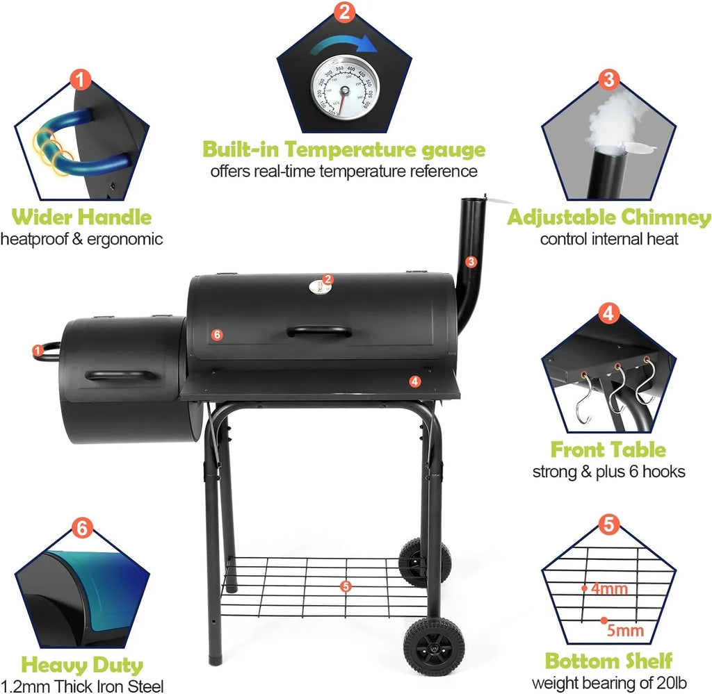 Party Picnic, 2 Offset Camping 6 Area, Grill, Charcoal & Grill 420.SQ.IN Smoker, for Large with Barbecue BBQ Black Grill Barrel Screwdrivers Backyard Hooks Garden Cooking Patio Outdoor -