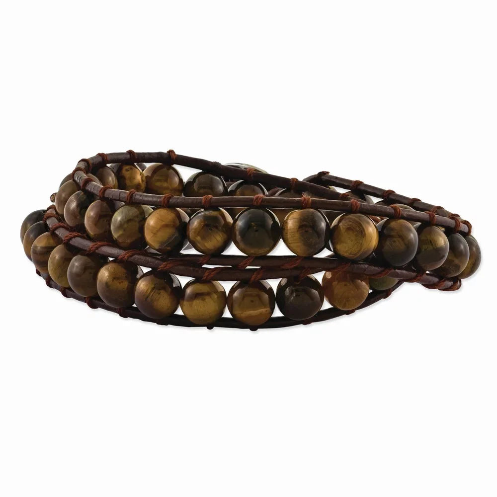 Steel Cord Women Leather Multi and 6mm Bracelet for Stainless Beads Wrap Jewelry Brown Gifts