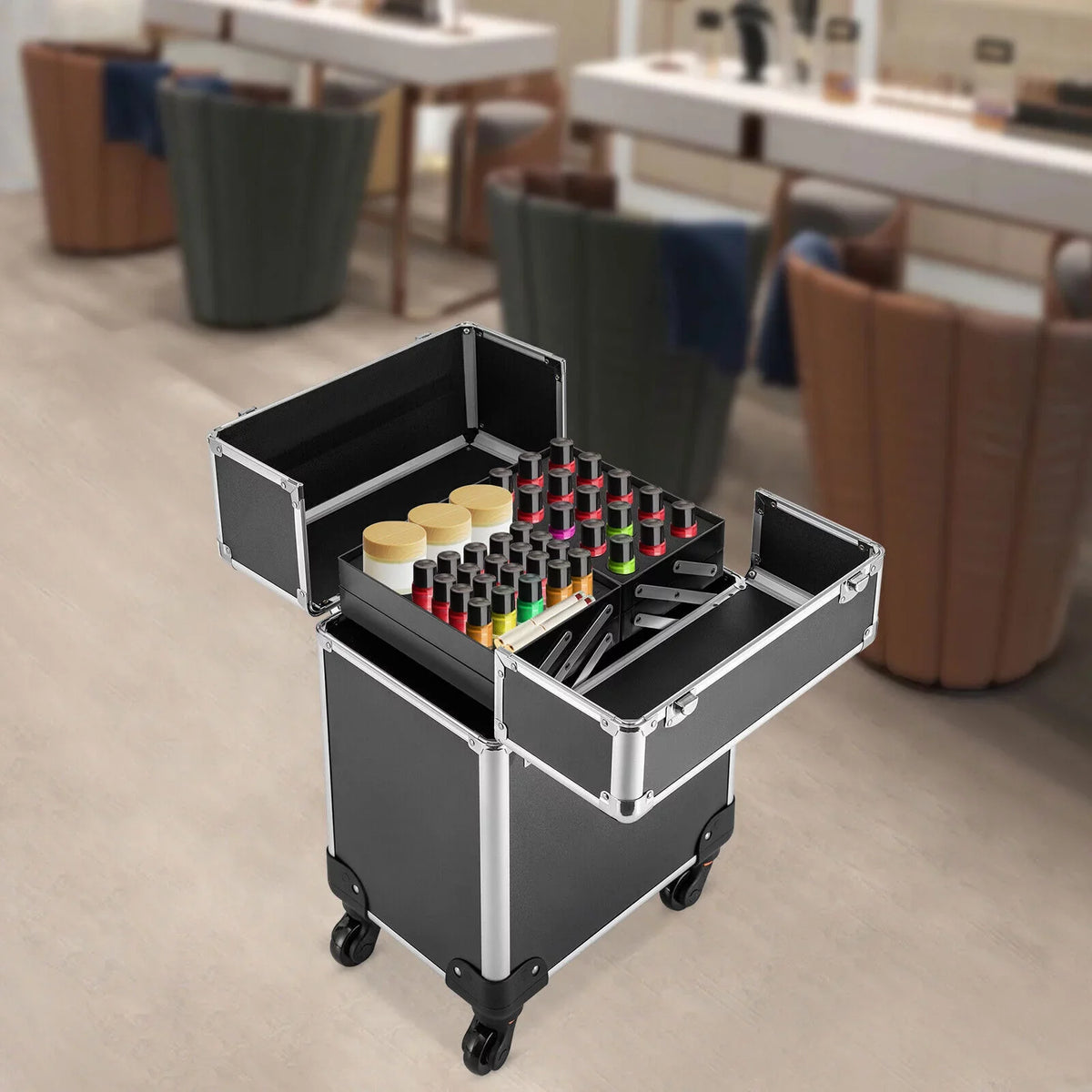 Rolling Cosmetic Case Beauty Hairdresser Wheels Organizer Tool Barber Salon Trunk Train Luggage (Black) Case Trolley, Box Makeup Nail Lockable Stylist Travel Swivel Cart with