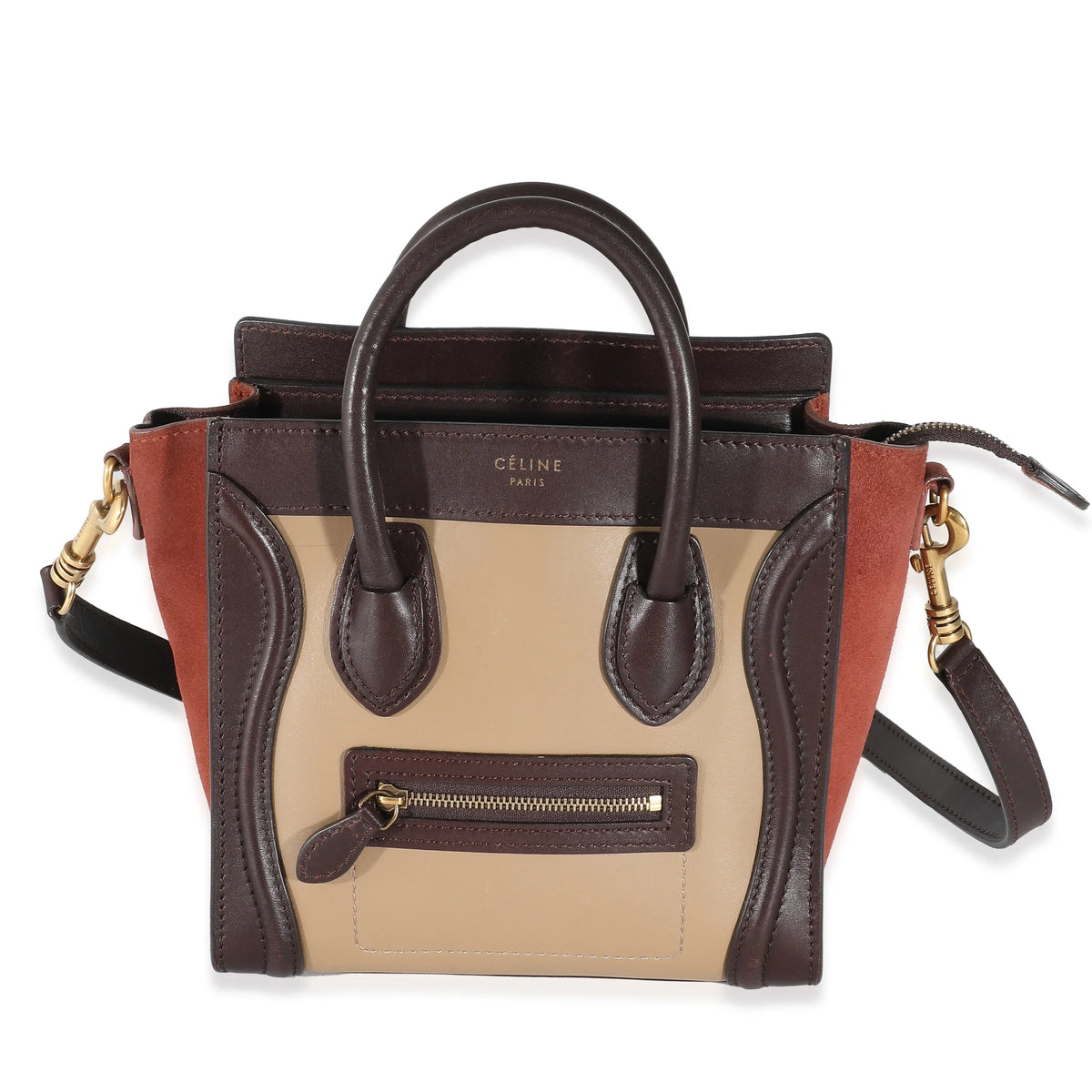 Nano Luggage Beige Burgundy Pre-Owned Suede Tri-Colour Celine Leather Brown