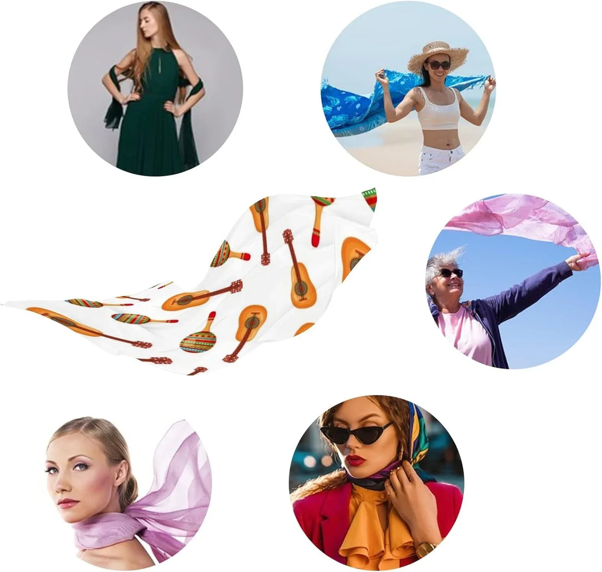 Hyjoy Wrap Shawl Guitars Scarf And Silk Women Culture Mexican Girls Maracas for Long Neck Scarves Lightweight Pattern