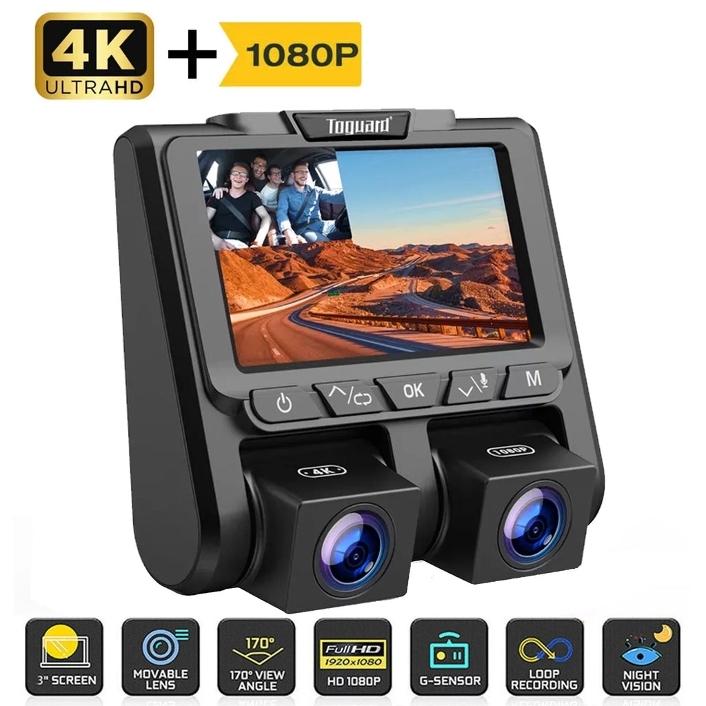 3" Dash Screen Loop G-Sensor and Dash Front Camera 4K Mode Cam Camera 4K+1080P Parking TOGUARD Recording LCD Car Inside