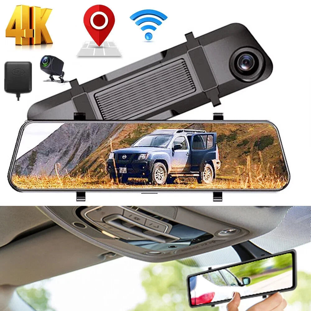 Cam 4K Paddsun View Control Backup WiFi Mirror Rear Dash Voice GPS Car 12" Dual Camera