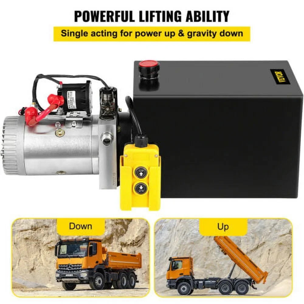 Pump Remote Black 12 Acting Reservoir Quart 12V,with Single Volt Power 13 Control Hydraulic Dump Unit VEVOR 3200PSI Steel Trailer